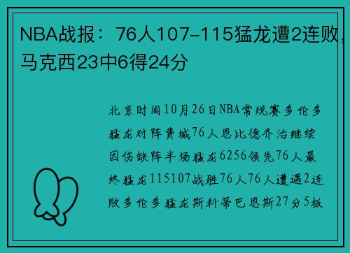 NBA战报：76人107-115猛龙遭2连败，马克西23中6得24分