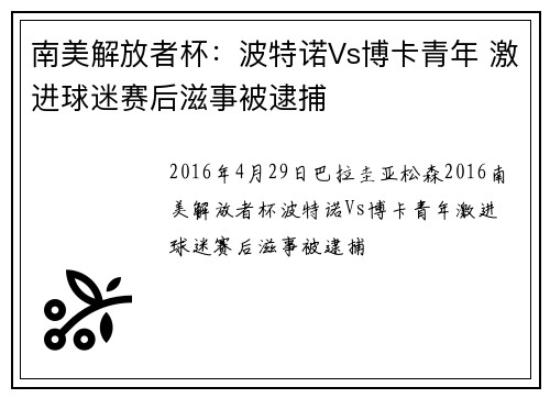 南美解放者杯：波特诺Vs博卡青年 激进球迷赛后滋事被逮捕