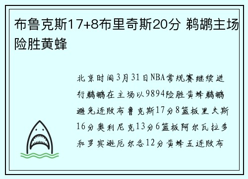 布鲁克斯17+8布里奇斯20分 鹈鹕主场险胜黄蜂