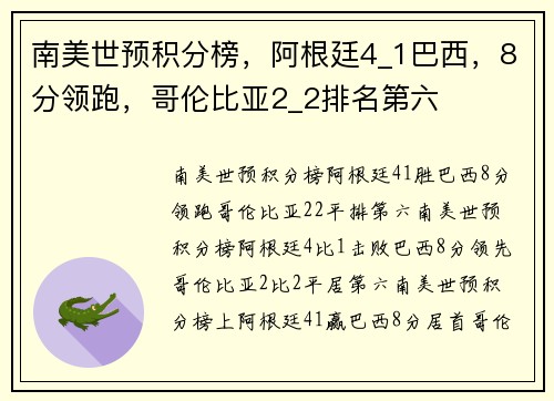 南美世预积分榜，阿根廷4_1巴西，8分领跑，哥伦比亚2_2排名第六